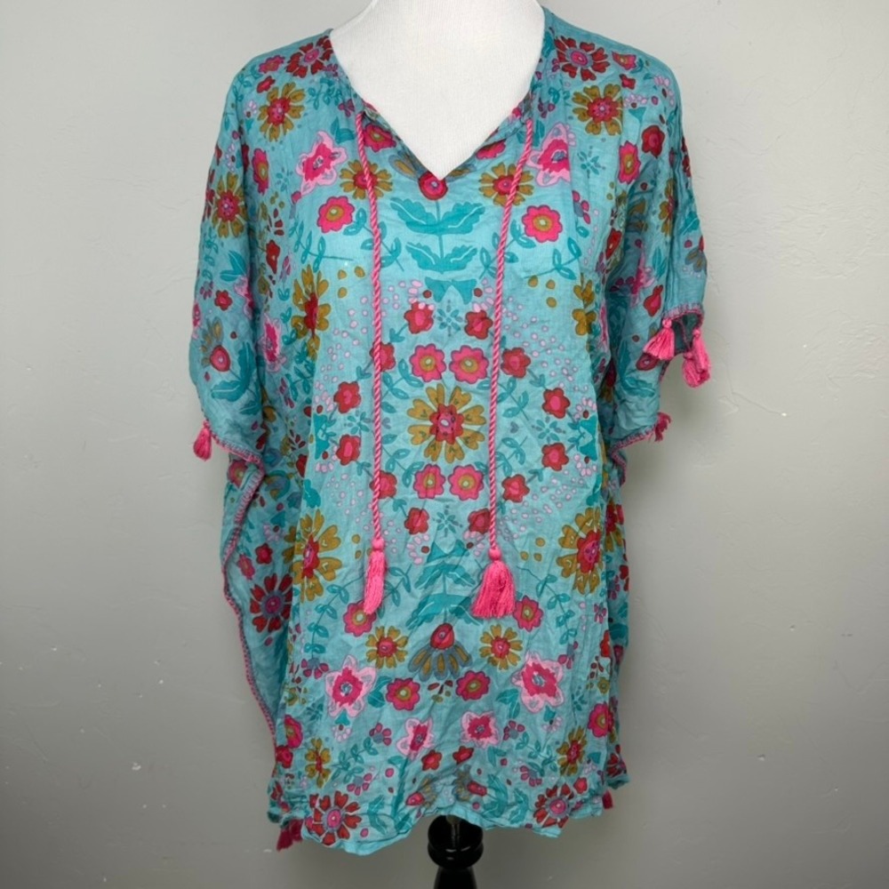 Natural Life Women Cotton Gauze Kaftan Floral Tassel Beach Cover Up Turquoise OS